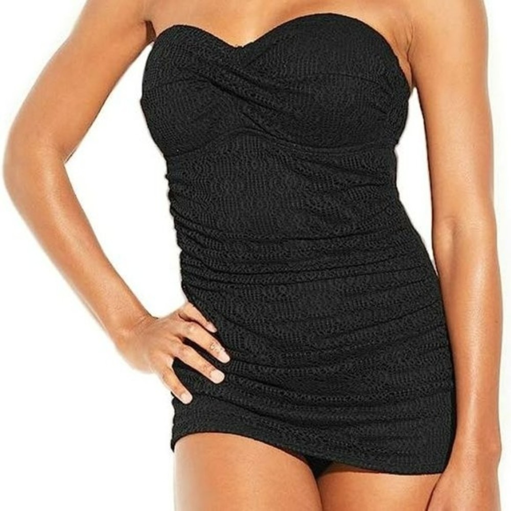 Kona Sol One Piece Swimsuit NWT Crochet Twist Front Bandeau Swim Dress Black S
